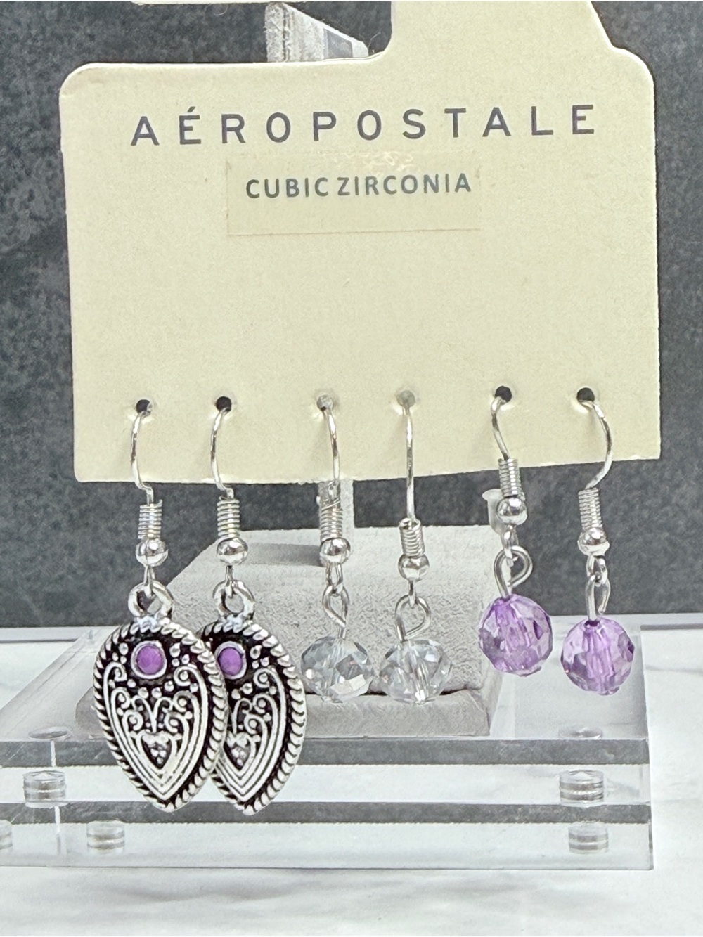 🚨3 for $15🚨 Aeropostale Silver-tone Earrings Set with Purple and Clear Accents - Picture 2 of 5